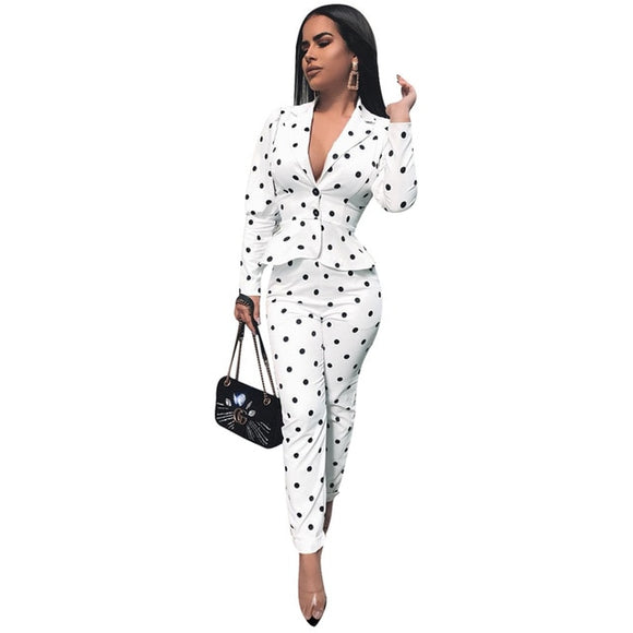 White Women Blazer Suit Polka Dot 2 Piece Set - Tania's Online Closet, LLC