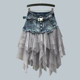 Women Denim Mesh Splice Skirt High Waist Asymmetric Frill Tulle Gothic skirt - Tania's Online Closet, LLC