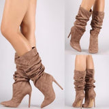 Women Pleated Mid Calf Boots -High Heels Women's Pointed Toe Sexy Pumps - Tania's Online Closet, LLC