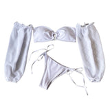 Bikini Set Chiffon Puff Sleeve O-Ring Bra Side Tie Bottoms Swimsuit White Beachwear - Tania's Online Closet, LLC