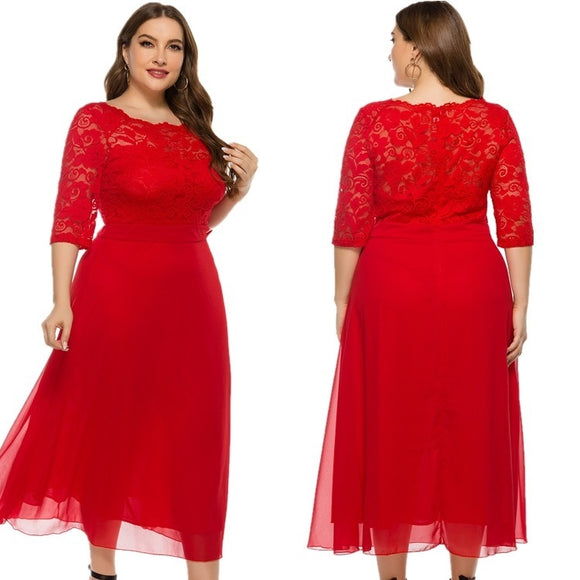 Women's Round Neck Sleeves Lace Chiffon Stitching High Quality Beautiful Elegant Dress 2021 - Tania's Online Closet, LLC