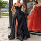 Evening Dress with High Slit Satin- Spaghetti Straps Sweetheart dress - Tania's Online Closet, LLC